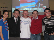 College Democrats, College Republicans, Young Americans for Liberty and the Debate Society at The University of Scranton, among other campus departments and offices, joined together to host multiple events during the 2012 election campaign, including lectures, debate watch parties, town meetings and an election returns watch party. Among those organizing the events were, from left, College Democrats vice president Elisa Giusto of Scranton; College Democrats president Matthew Gentile of Effort; College Republicans president Donald Castellucci of Apalachin, N.Y.; Debate Society president Donald Fenocchi of Jessup; and College Republicans vice president Aris Rotella of Tafton. Absent from the photo are Young Americans for Liberty president Emily Rose DeMarco, Aberdeen, N.J., and vice president Andrew Gentilucci of Danville.